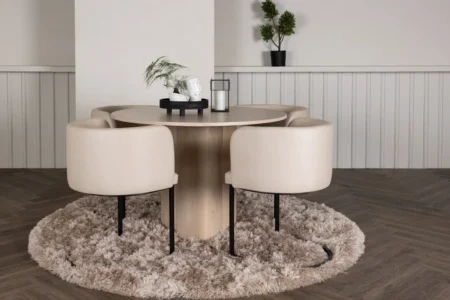 Olivia & Simrishamn Runda Matbord ⌀110 Whitewash + Matstolar Beige