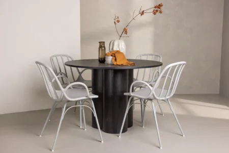 Dyrön & Olivia Matstolar Light Grey + Runda Matbord ⌀110 Black