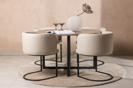 Durango & Simrishamn Runda Matbord ⌀120 Walnut + Matstolar Beige