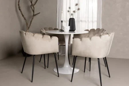 Limhamn & Hamden Matstolar Beige + Runda Matbord ⌀80 Vit