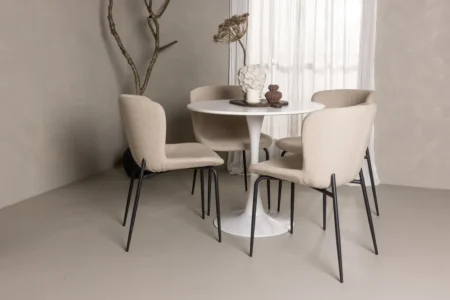 Modesto & Hamden Matstolar Beige + Runda Matbord ⌀80 White