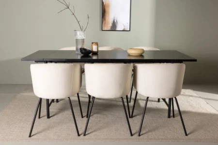 Berit & Astrid Matstolar Beige + Rektangulära Matbord 200 x 90 Black