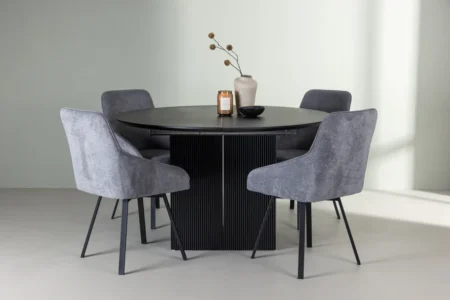 Rosie & Matilda Matstolar Grå + Runda Matbord ⌀130 Black