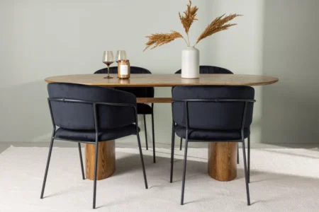 Selma & Isolde Matstolar Black + Ovala Matbord 180 x 90 Nature