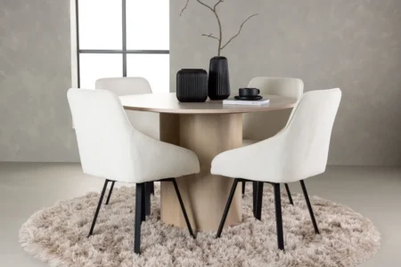 Olivia & Rosie Runda Matbord ⌀110 Whitewash + Matstolar Beige