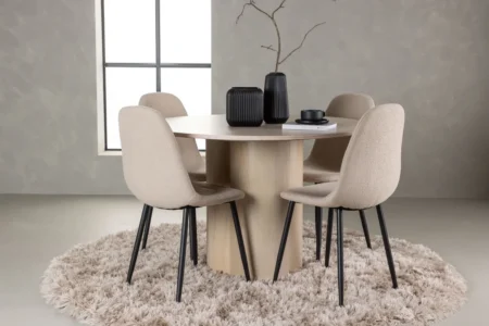 Olivia & Polar Runda Matbord ⌀110 Whitewash + Matstolar Beige