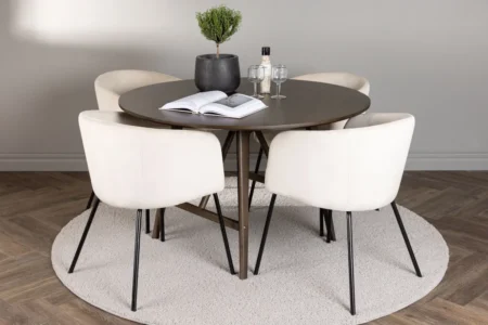 Berit & Kaseidon Matstolar Beige + Runda Matbord ⌀100 Mörkbrun