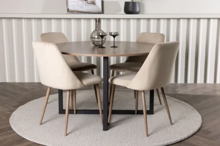 Durango & Night Runda Matbord ⌀120 Walnut + Matstolar Beige
