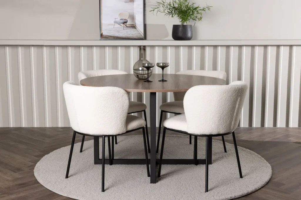 Durango & Edina Runda Matbord ⌀120 Walnut + Matstolar White