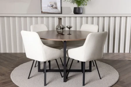 Durango & Rosie Runda Matbord ⌀120 Walnut + Matstolar Beige