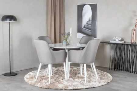 Plaza & Comfort Runda Matbord ⌀100 White + Matstolar Grå
