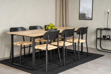 Cirebon & Polly Rektangulära Matbord 75 x 200 x 90 Natur + Matstolar Svart