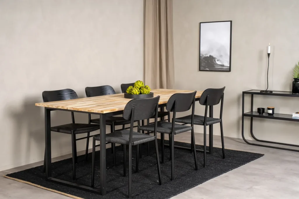Cirebon & Polly Rektangulära Matbord 75 x 200 x 90 Natur + Matstolar Svart