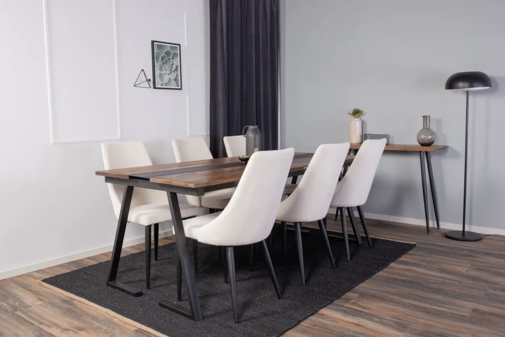 Jakarta & Leone Rektangulära Matbord 200 x 90 Svart + Matstolar Beige