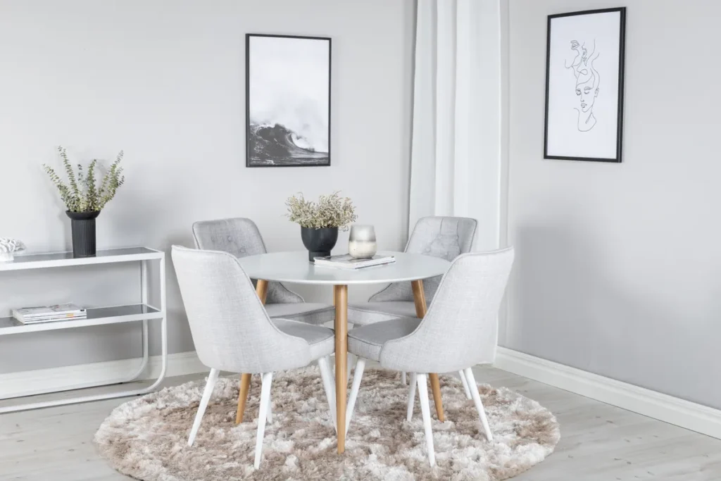 Velvet Deluxe & Plaza Matstolar Light Grey + Runda Matbord ⌀100 White