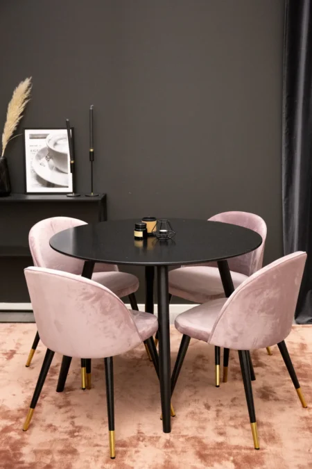 Velvet & Plaza Matstolar Dammig rosa + Runda Matbord ⌀100 Black