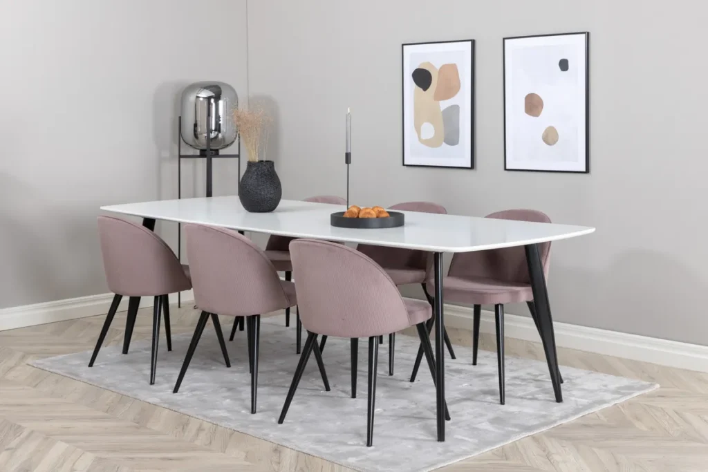Velvet & Polar Matstolar Dammig rosa + Rektangulära Matbord 240 x 100 White