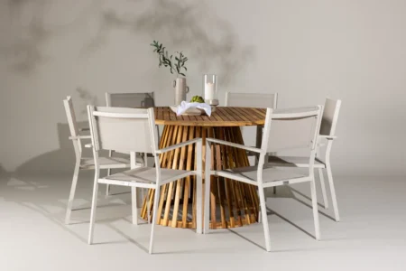 Copacabana & Tucumán Matstolar Beige + Runda Matbord ø150 Natur