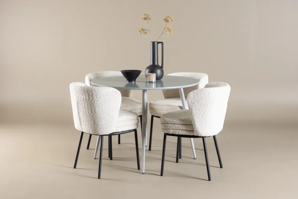 Plaza & Agnes Runda Matbord ⌀100 Grå + Matstolar White