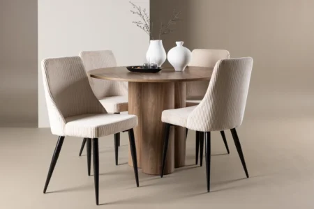 Leone & Olivia Matstolar Beige + Runda Matbord ⌀110 Brown