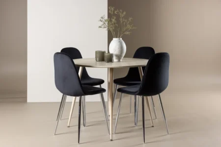 Polar & Plaza Matstolar Svart + Runda Matbord ⌀100 Vitputsad