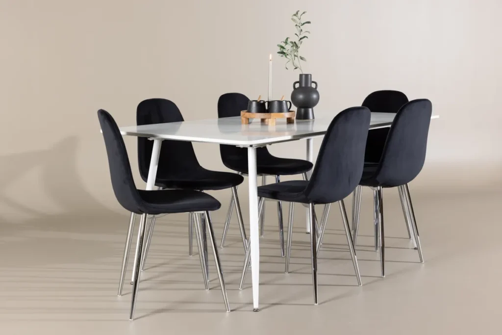 Polar & Silar Matstolar Svart + Rektangulära Matbord 180 x 90 Vit