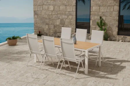 Break & Levanzo Rektangulära Matbord 205 x 90 Beige + Positionsstolar Beige