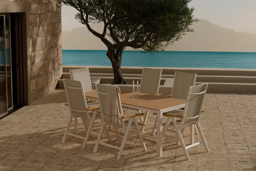 Break & Panama Rektangulära Matbord 205 x 90 Beige + Positionsstolar Beige