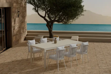 Mirko & Linos Rektangulära Matbord 205 x 90 Beige + Matstolar White