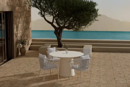 Linos & Lanzo Matstolar White + Runda Matbord Ø120 Beige
