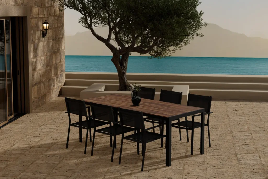 Copacabana & Bois Matstolar Black + Rektangulära Matbord 205 x 90 Nature