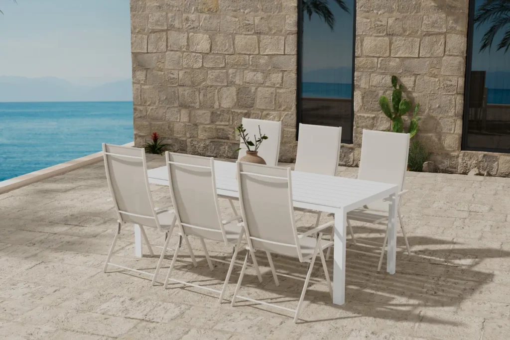 Break & Levanzo Rektangulära Matbord 205 x 90 White + Positionsstolar Beige