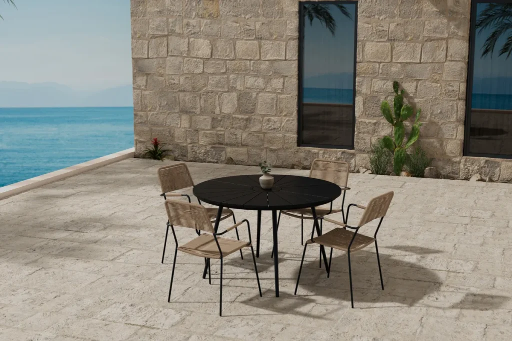 San Vito & Lindos Runda Matbord ⌀120 Black + Loungefåtöljer Brown