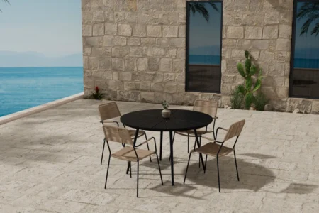 San Vito & Lindos Runda Matbord ⌀120 Black + Loungefåtöljer Brown