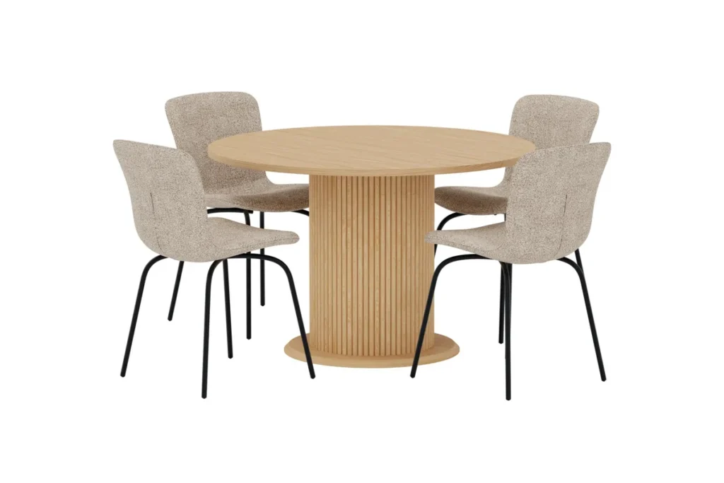 Linus & Reko Matstolar Beige + Runda Matbord Ø120 Nature