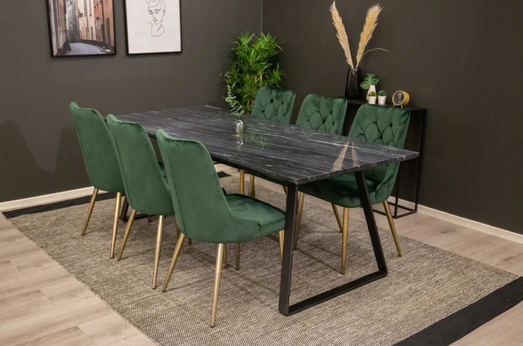 Estelle & Velvet Deluxe Matbord 90x200 + Matstolar Grön