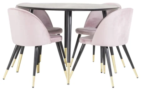 Dipp & Velvet Runda Matbord ⌀115 Black + Matstolar Dammig rosa