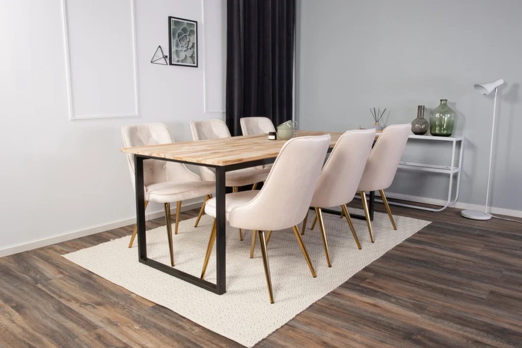 Cirebon & Velvet Deluxe Rektangulära Matbord 75 x 200 x 90 Natur + Matstolar Beige