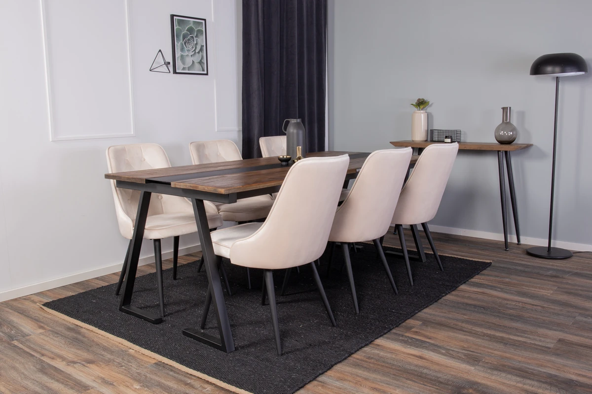 Jakarta & Velvet Deluxe Rektangulära Matbord 200 x 90 Svart + Matstolar Beige