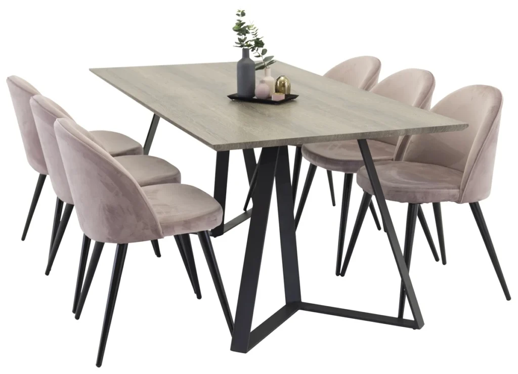 Velvet & Marina Matstolar Dammig rosa + Rektangulära Matbord 180 x 90 Nature