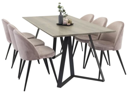 Velvet & Marina Matstolar Dammig rosa + Rektangulära Matbord 180 x 90 Nature